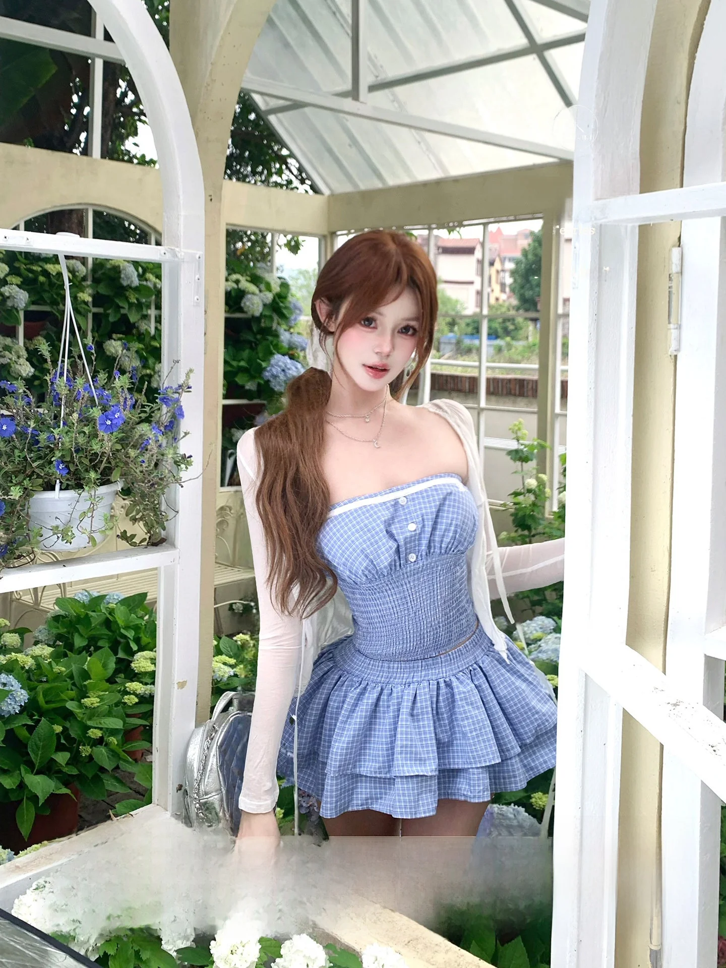 

Princess Garden JOYKIKI Girl's Summer Vacation Style Plaid Half Skirt Set Short Sleeve T-shirt High Waist Pure Desire