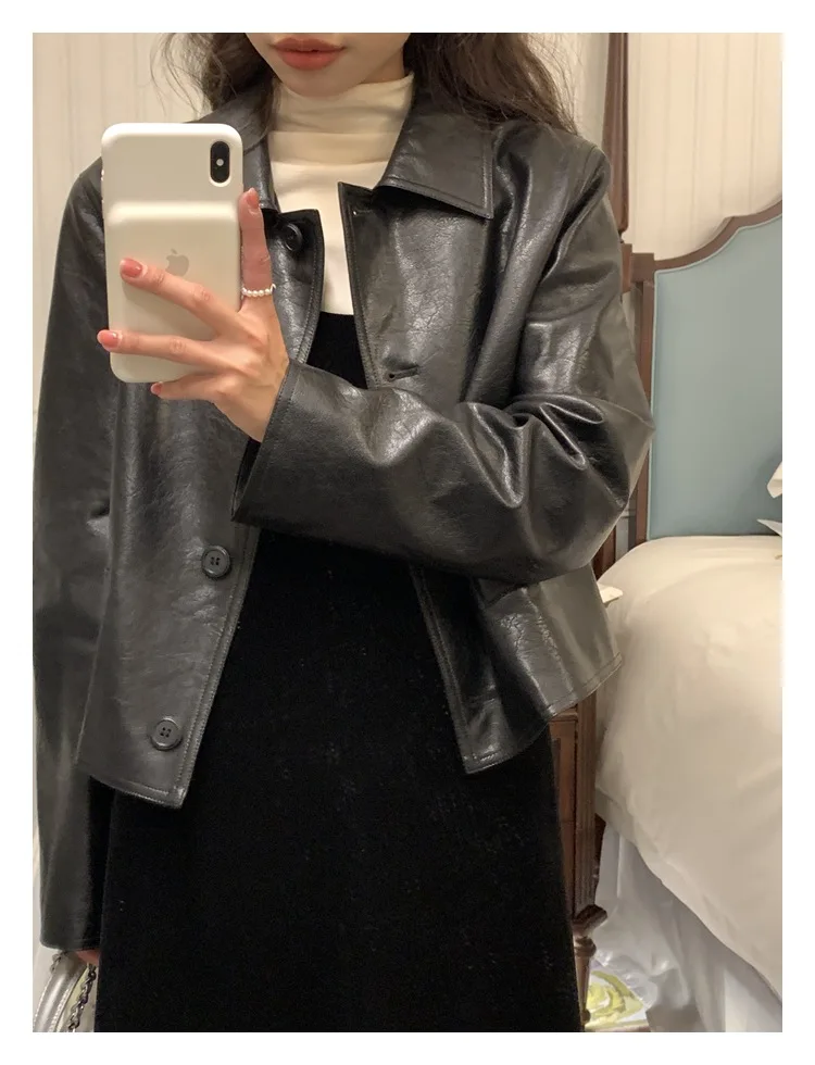 Self-made Black Short Leather Women 2024 Spring and Autumn New Loose and Thin Pu Leather Jacket Advanced Sense Coat Women