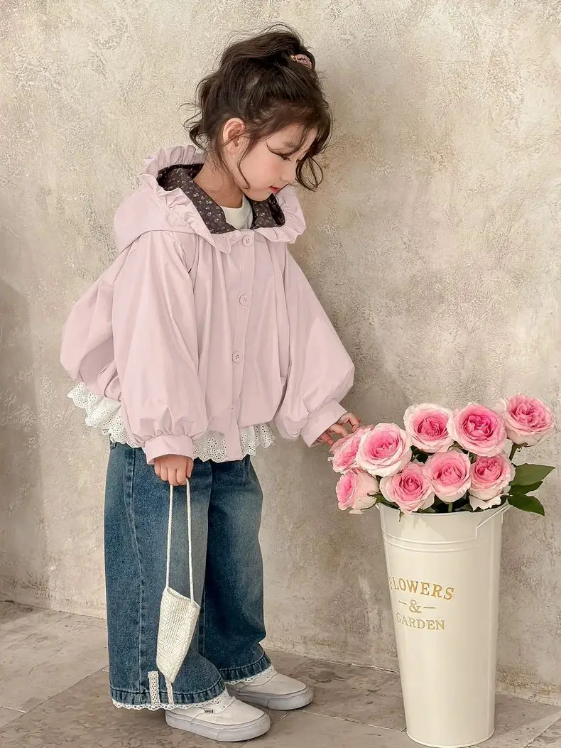 

Girl's Jacket Spring and Autumn New Children's Lace Hoodie Casual Sweet Coat 2 4 6 7Y