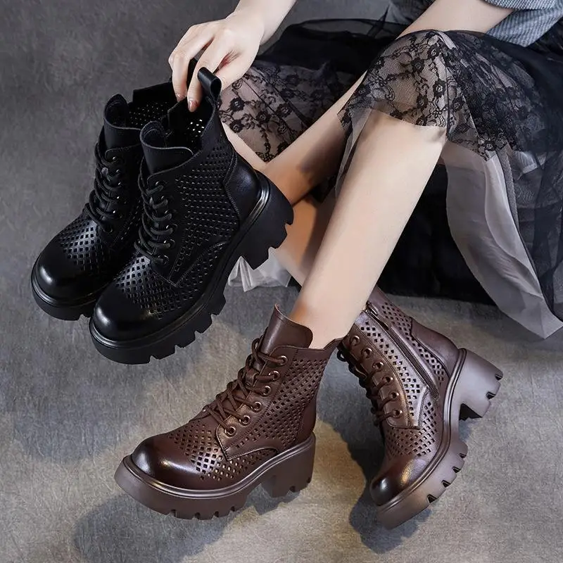 

Women's Vintage Hollow out Boots Breathable Leather Cowhide Low Top Fashion Boots Summer Flat Heel round Toe Rubber Sole