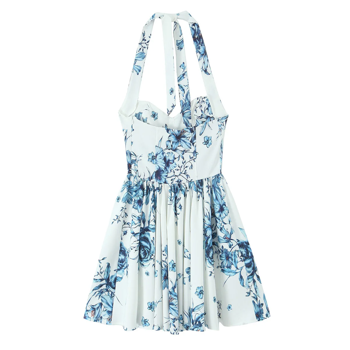 Damska letnia sukienka mini z kwiatowym nadrukiem, dekoltem typu hammer neck, seksowna, elegancka, bez pleców i rękawów.