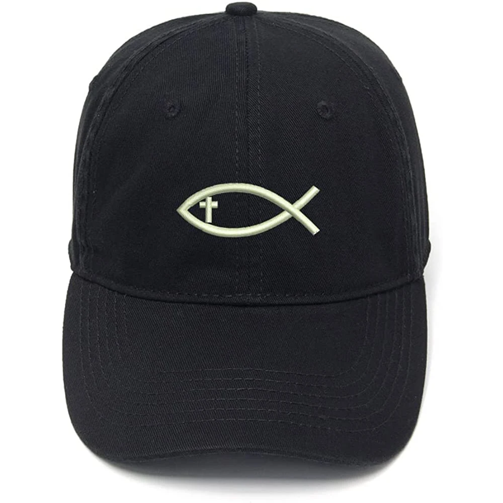 Lyprerazy Men's Baseball Cap Jesus Christian Fish with Cross Embroidery Hat Cotton Embroidered Casual Baseball Caps