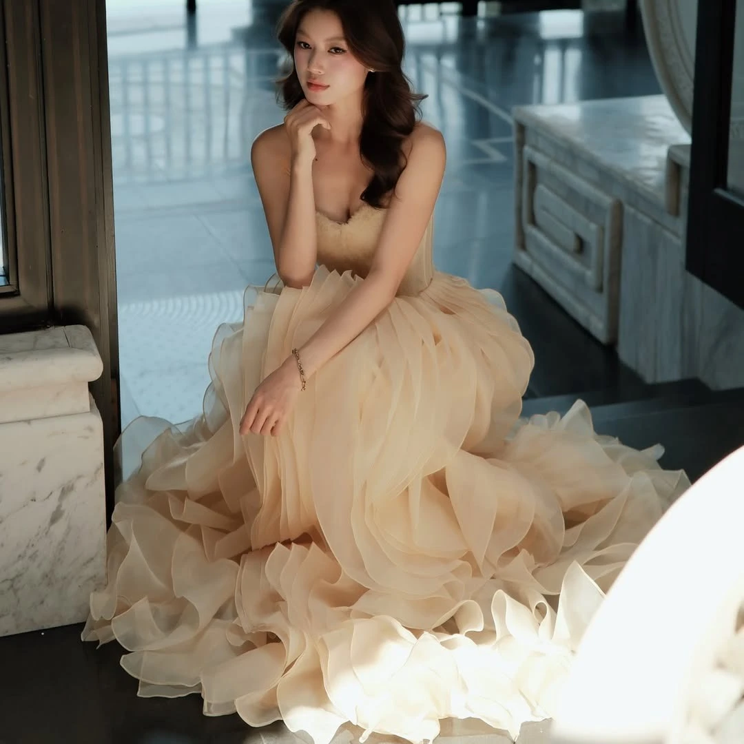 Champagne Nude Off Shoulder Sweetheart Neck Boned Corset Waist Multi-layer Ruffle Chiffon Tulle Flowy Mermaid Sweep Train view 3