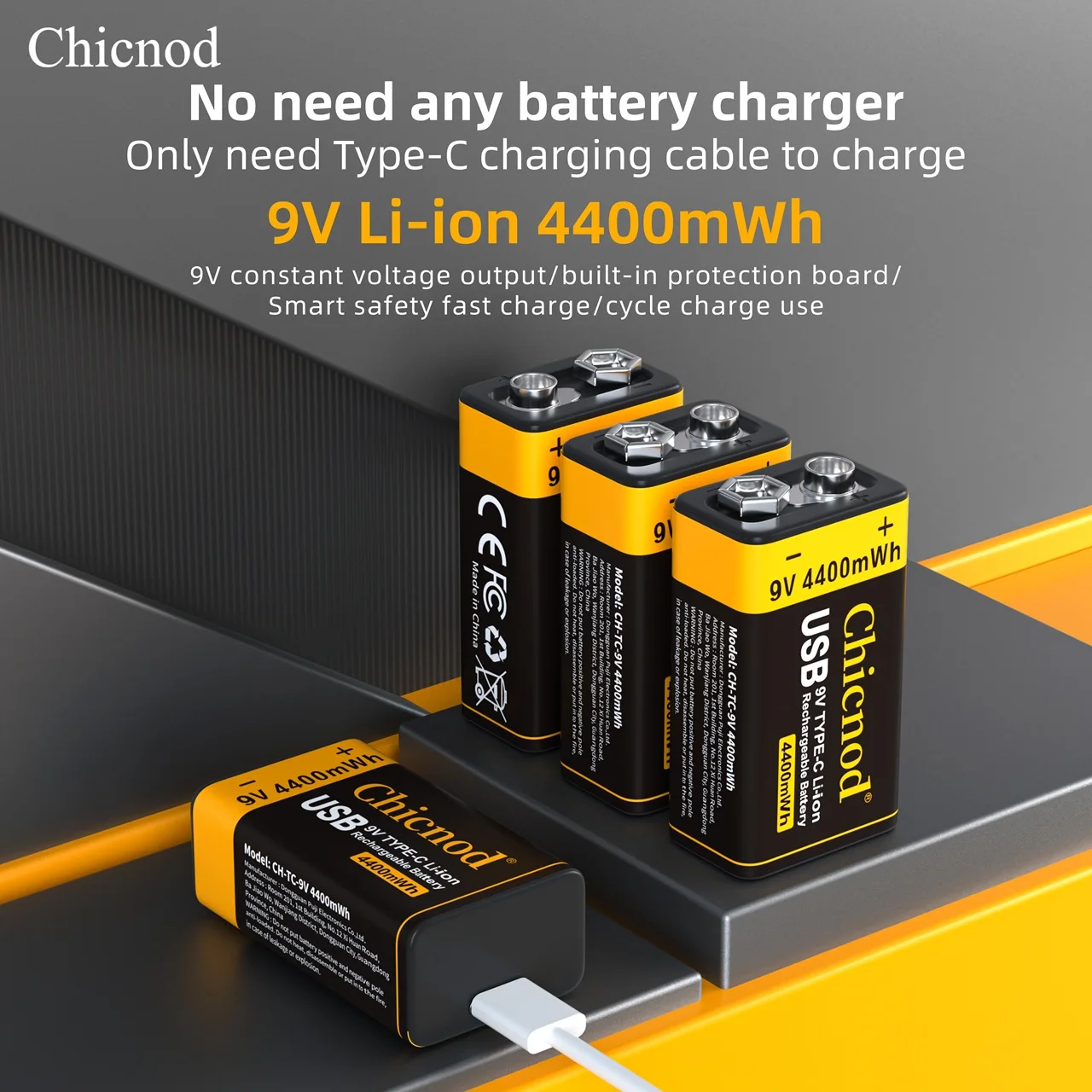 CHICNOD 9V Rechargeable Battery 4400mWh USB Type C Li-ion Battery 9 Volt Rechargeable Battery for Guitar Pedal Multimeter