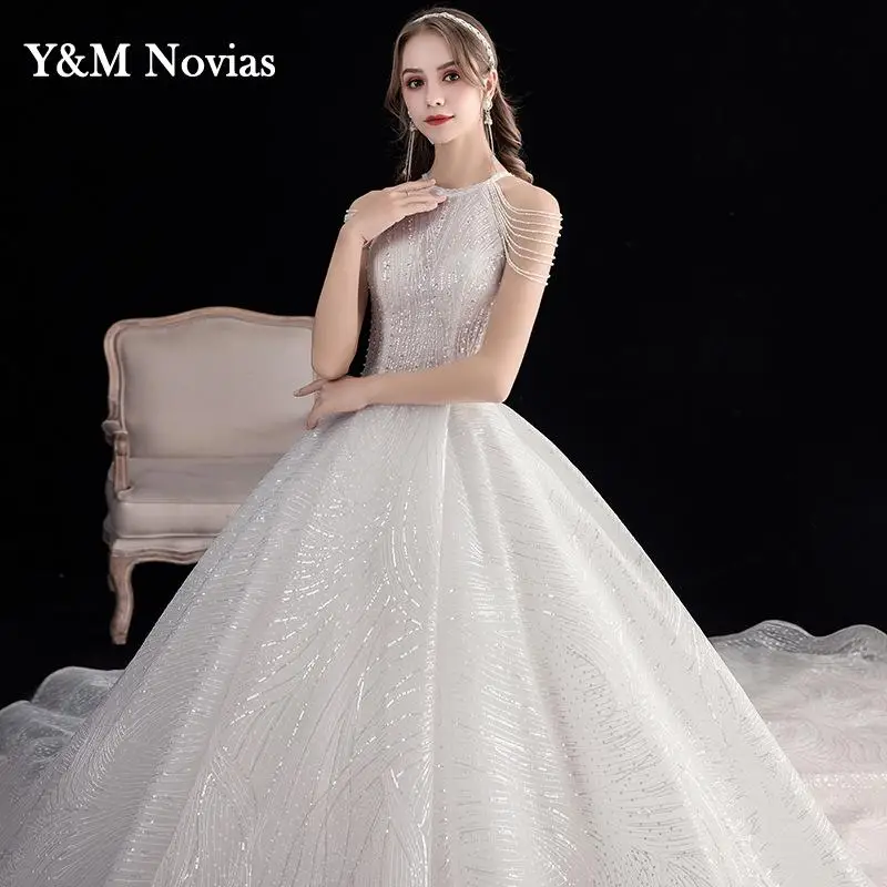 Y & m glitter luxo rendas doce elegante cabresto vestido de noiva noiva 2022 vestido longo trem lantejoulas grânulo noiva princesa plus size