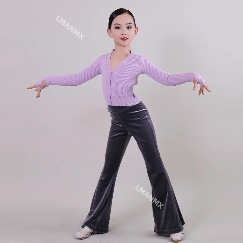 

Детское платье для латинских танцев, повседневное тренировочное платье, осень-зима 2024, новый детский свитер, комплект бархатных штанов