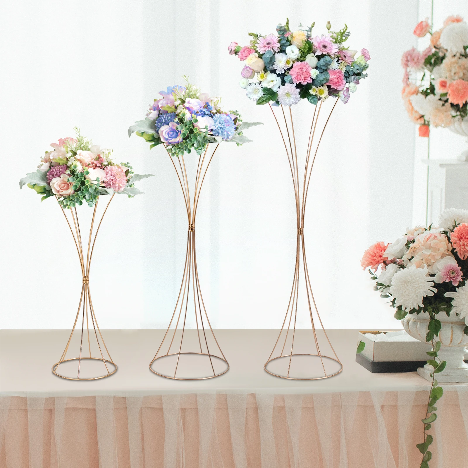 

3PCS Gold Flower Stand Hourglass-shaped Table Flower Rack Flower Device Wedding Layout Props