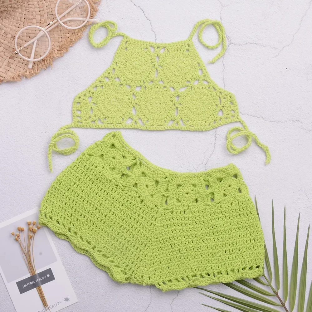 Handmade Crochet Separates Girls' Swimming Suit with Hollowed-out Floral Patterns and Connected Drawstrings