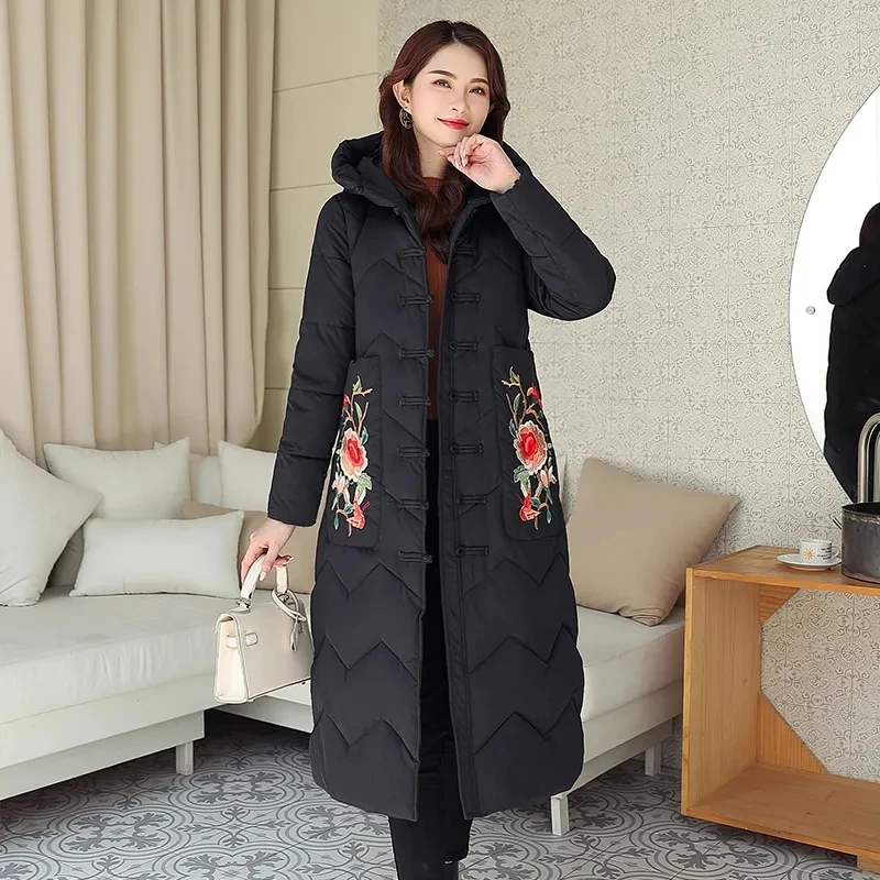 Fashion Womens Winter Jacket Long Parkas Retro Ethnic Style Ladies Hooded Pocket Coat Thick Warm Cotton Clothing Snow Overcoat