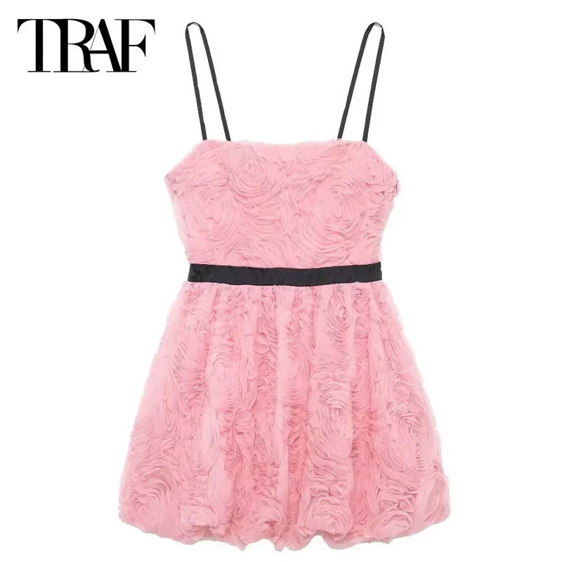 

TRAF Textured Flower Short Dresses Womens Dresses Summer One-Piece Dress 2024 Mini Sleeveless Backless Slip Dress Evening Dress