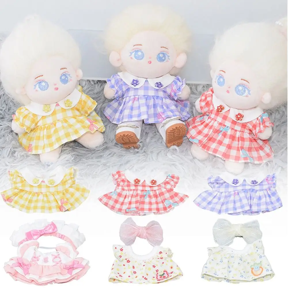 Multicolor Doll Dress Set Bowknot Flower Grids Lace Mini Headwear Dress Suit Toy Cosplay Miniature Clothes Cotton Stuffed Dolls