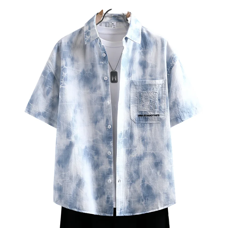 

Men's 100% Cotton Shirt New Summer Fashion Breathable Personality Ice Crack Pattern Loose Casual Short Sleeve Top Commuter Wear