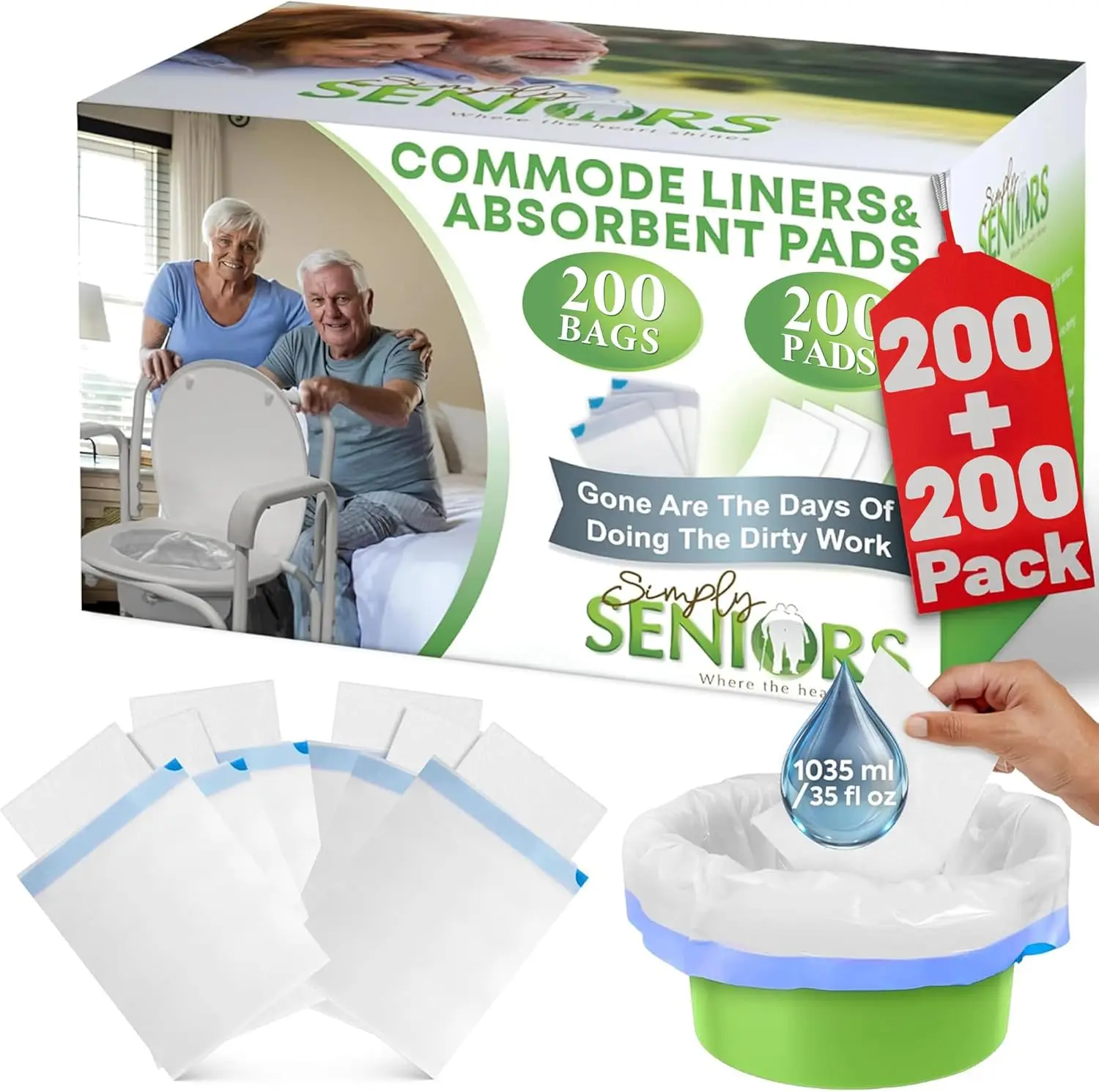 

200 Absorbent Commode Liners with Pads - Portable Toilet Bags for Camping and Porta Potty Use