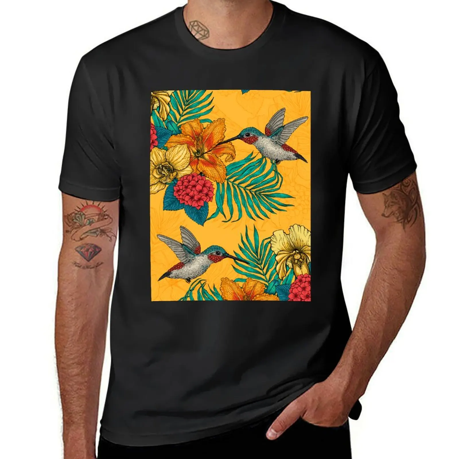 Hummingbirds and tropical bouquet in yellow T-Shirt anime sweat t shirts for men graphic