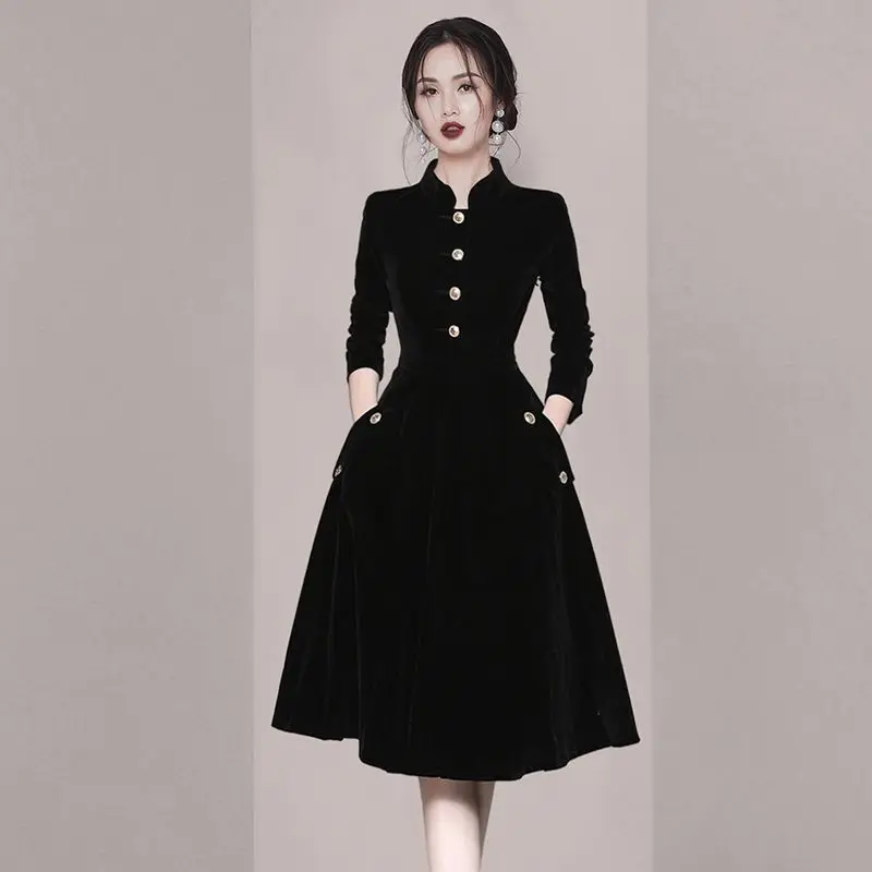 Fashion Chic Autumn Golden Velvet Dresses Women POLO Coll Button Patchwork Temperamen Slim Long Sleeve Mid-length A-line Dress