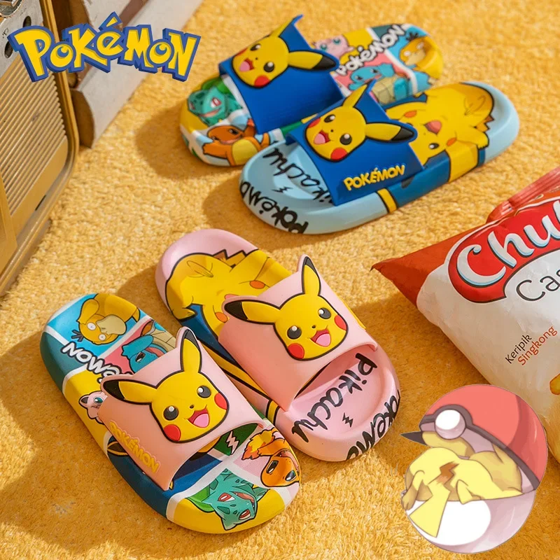 

Сандалии Детские с мультяшным принтом, мягкая обувь для дома и ванной, Нескользящие, ПВХ, покемон Пикачу, летние Тапочки