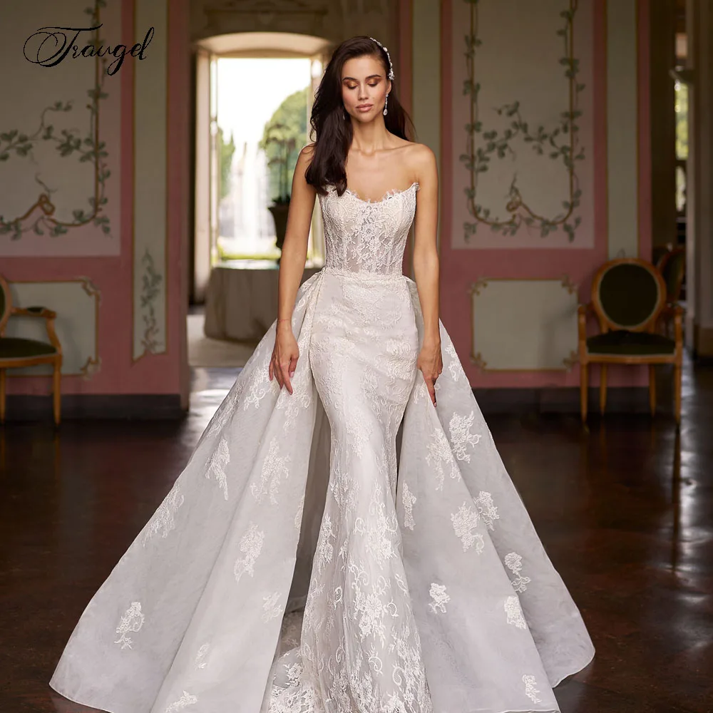 

Customized Strapless Sexy Mermaid Wedding Dresses Lace Embroidery Vestido De Novia Detachable Train Court Train Bridal Gowns
