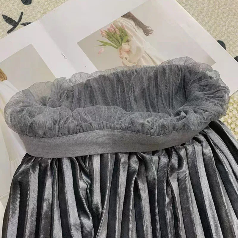 Jupes plissées Vintage en velours doré pour femmes, vêtements Double face, taille haute, longue, nouvelle collection automne, jupes mi-longues en maille polyvalentes