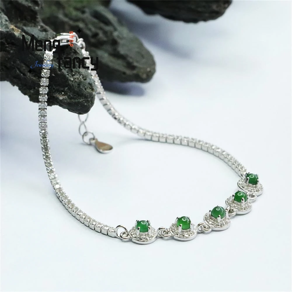 S925 Silver Lnlaid Natural Jadeite In Ice Type Imperial Green Bracelet Exquisite Elegant Charm High-grade Luxury Quality Jewelry