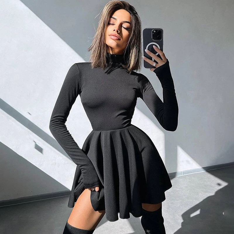 

TARUXY Solid Slim Mini Dress Women's Elegant Outfits Slinky Waist Long Sleeve A-Line Vestido Turtleneck Dresses Clothes Fashion