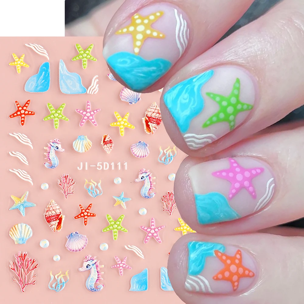 5D Sea Star Nail Stickers Sea Animal Starfish whelk Shell Nail Decals Summer Self Adhesive Sliders Manicures Deco Wraps JI-5D111