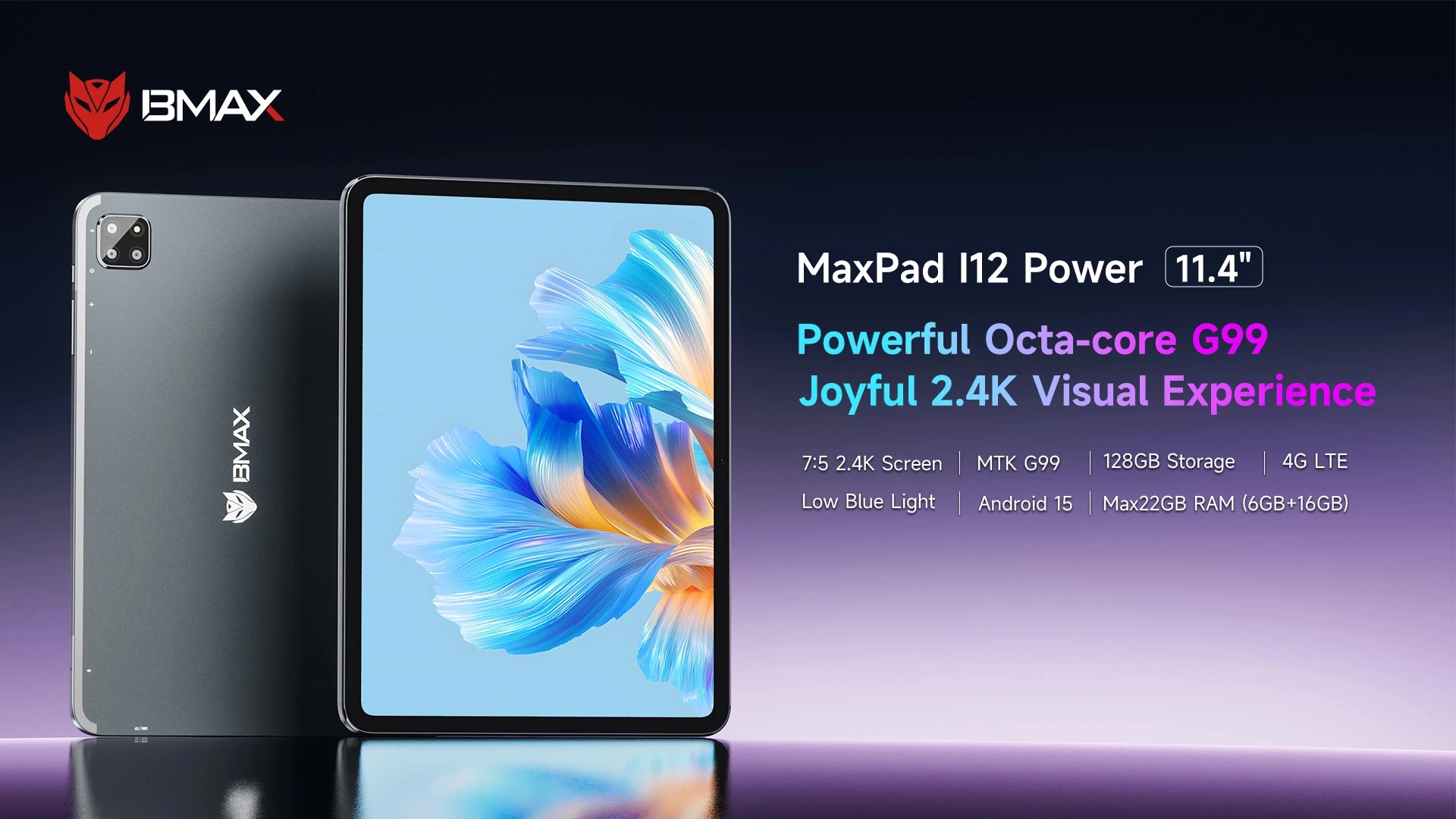 BMAX I12 Power Tablet 11.4" 2.4K IPS 90Hz Display MediaTek Helio G99 8-core 22(6GB+16GB) RAM 128GB ROM 8000mAh Type-C Android 15 Tablets 4G LTE GPS WiFi Support Dual SIM