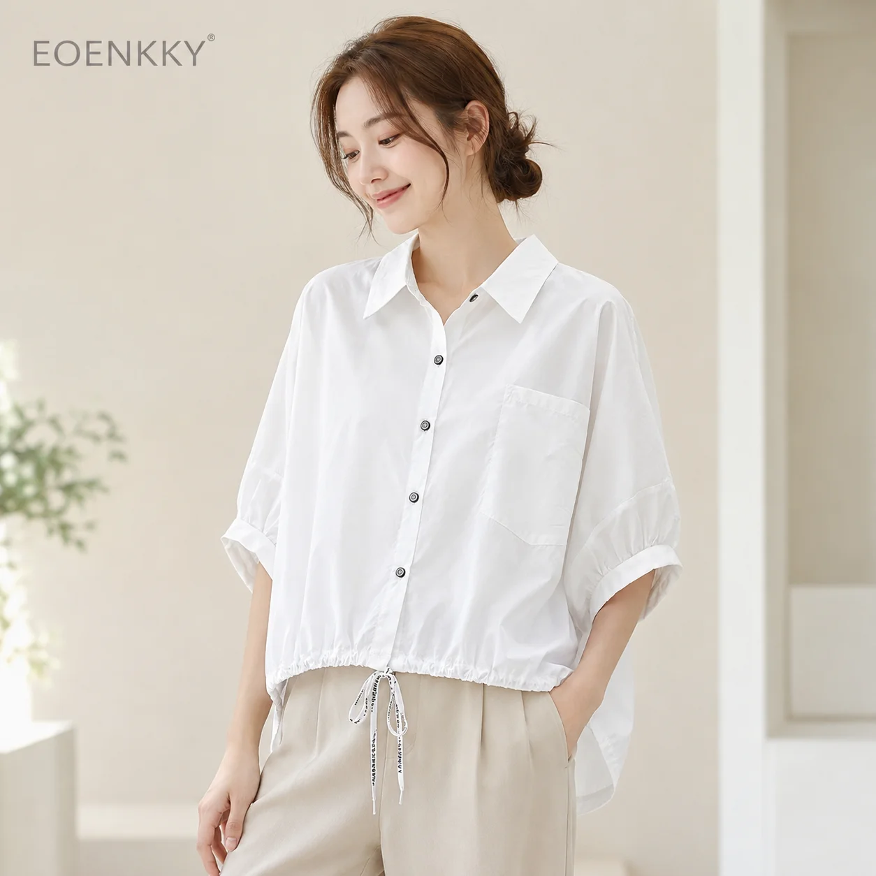 EOENKKY Women’s Oversized Button Down Shirt Batwing Sleeve Drawstring Hem Collared Casual Blouse High Low Top