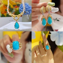 Italian Retro Jewelry Pearl Necklaces Simulated Turquoise Rings Elegant Leaf Long Dangle Earrings Vintage Jewelry Sets For Women