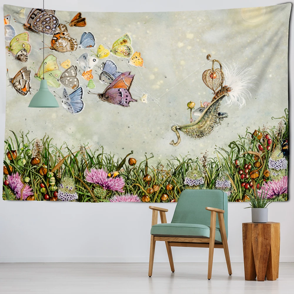 

Animal Forest Illustration Tapestry Kawaii Cartoon Tapestries Colorful Flowers Wall Hanging Cloth for Home Kid Bedroom Dormitory