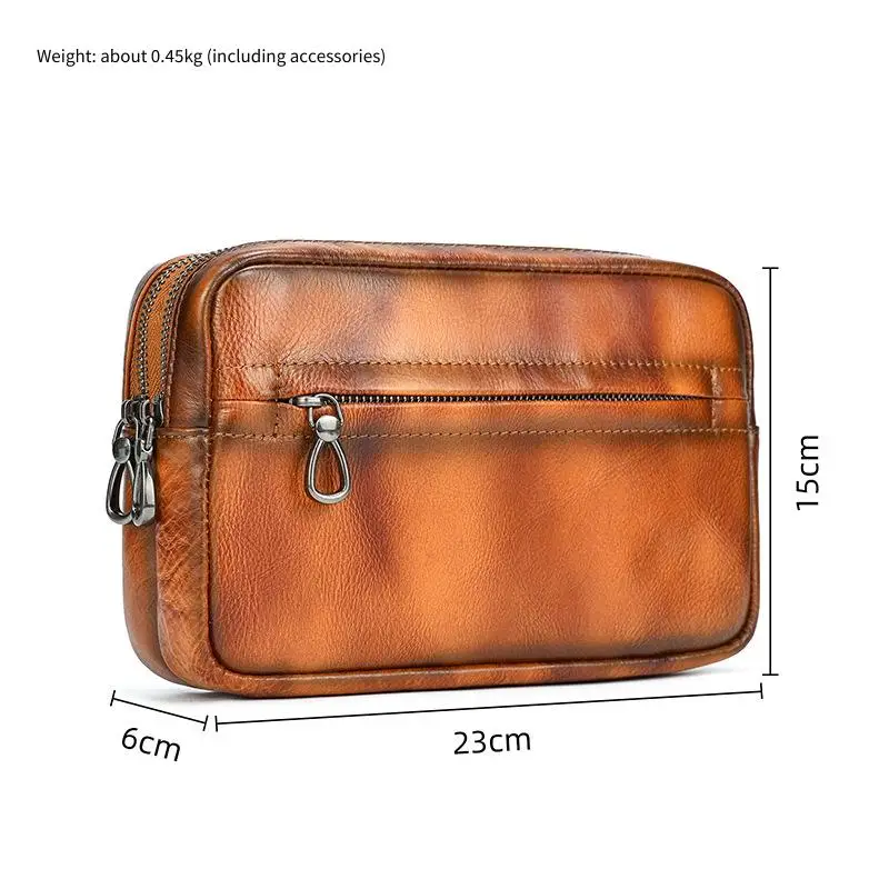 New Vintage Burnished Vegetable-Tanned Leather Shoulder Bag, 2-Way Clutch & Crossbody Bag for Men & Women