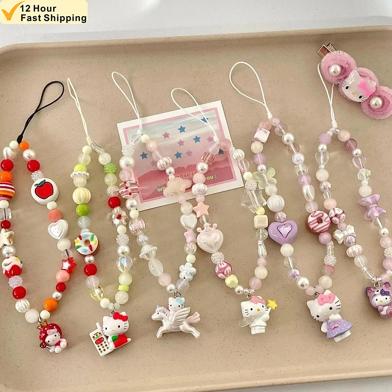 Sanrio Hello Kitty Phone Pendant Anime Cartoon Kitty Multiple Styles Beaded Phone Case Chain Keychain Backpack Accessories Gift