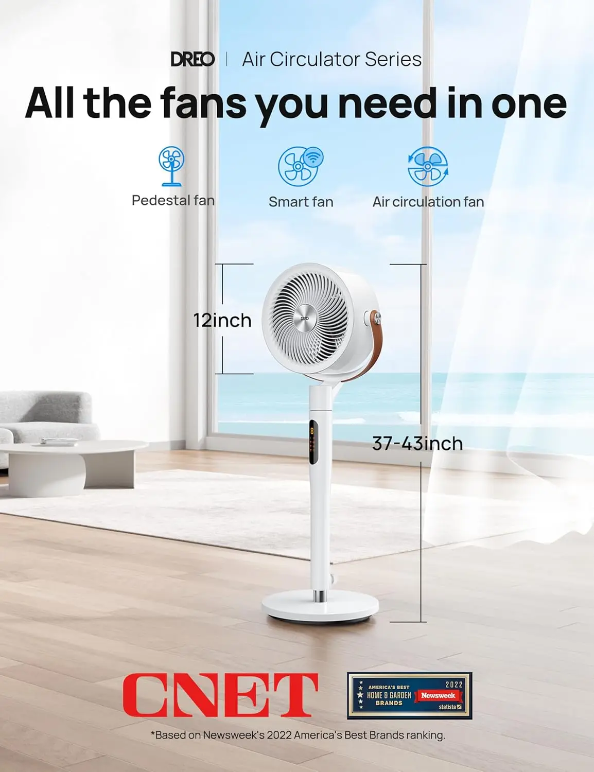 100ft Standing Fan for Home, 120°+105° Smart Oscillating Pedestal Fans with Wi-Fi/Voice Control, DC Motor, 43'' Quiet Fan, 6 Mod