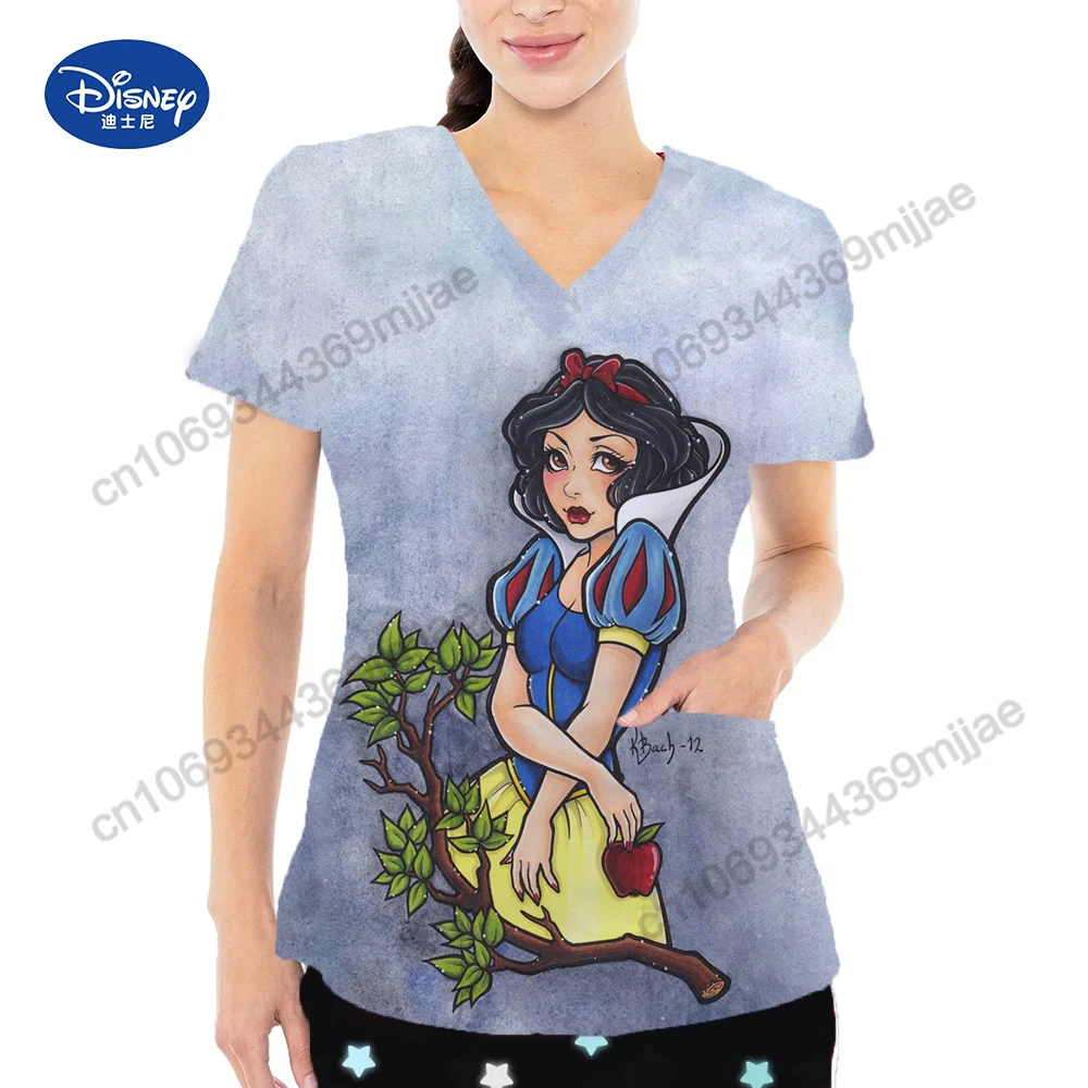 2024 Summer New pretty Disney Cartoon pattern Double Pocket V-Neck Design Y2k Style Women\'s Comfortable Charming nurse\'s uniform