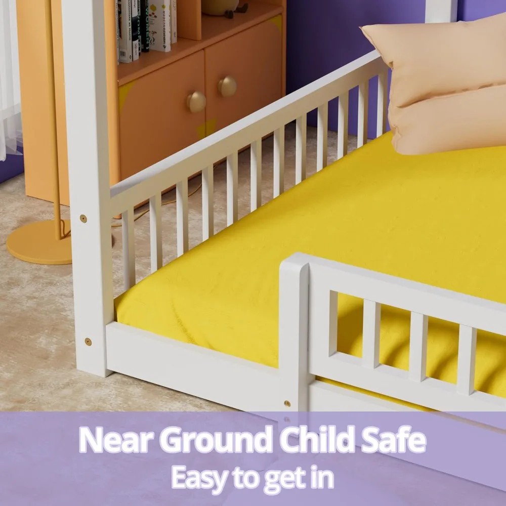 سرير أرضية كاملة مع درابزين أمان، سرير أرضية مونتيسوري خشبي مع سقف، إطار سرير مونتيسوري للمنزل مع شرائح، بدون صندوق Spr #5