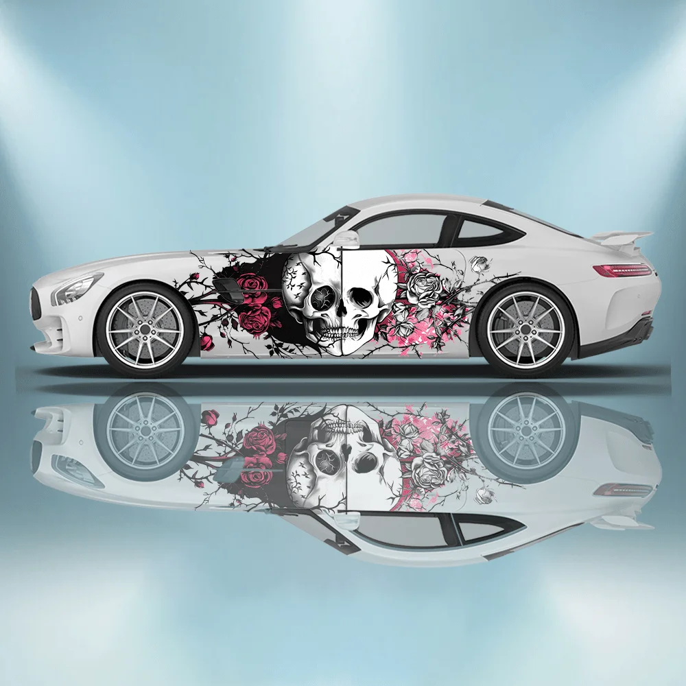 

Pink Thorn Rose Entwined with Half A Face Is A Skull, Half A Face Is Ordinary, Sticker Car Sticker Full Body Floral Decoration
