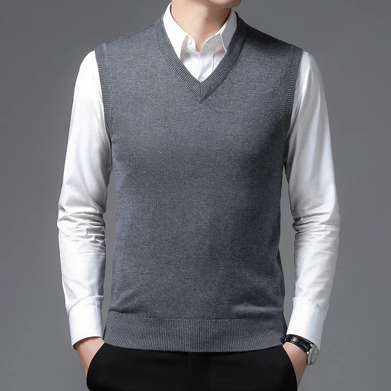 

BROWON Brand Mens Sweater Vest 2024 New Sleeveless Solid Color Fashion Autumn Winter V-Neck Collar Slim Fit Soft Sweater Men