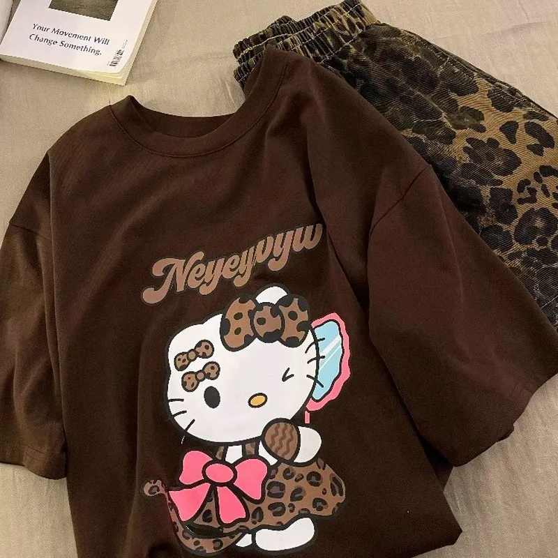 

Cartoon Leopard Print Hellokitty PeripherPrint T-Shirt Pajamas Women'S Summer Loose Casual Shorts Loungewear Set Girlfriend Gift