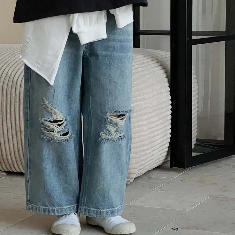 Spring Autumn Girls Boys Stylish Wide-Leg Ripped Jeans Pant…
