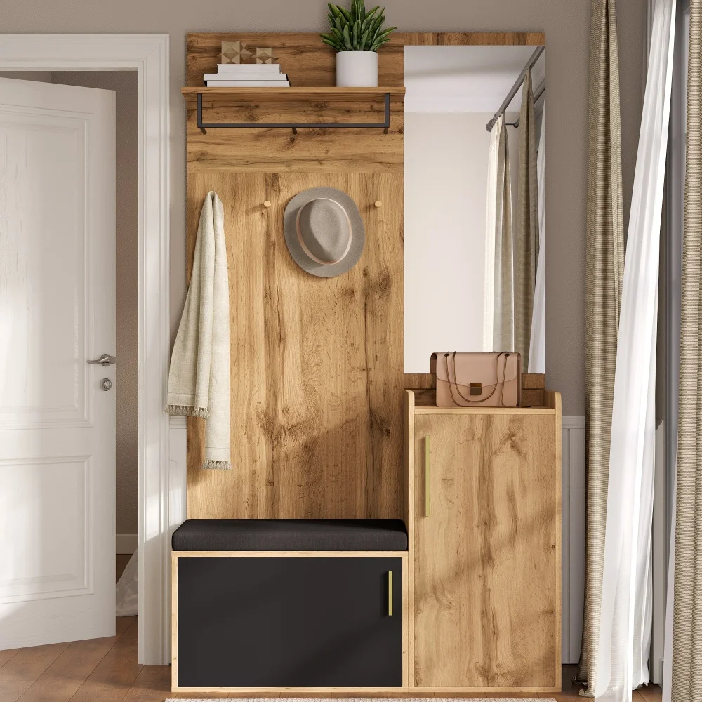 PINGGO Kompakter Kleiderschrank mit Spiegel und Sitzfläche, Kleiderschrank mit Schuhregal und Haken, kompakter Kleiderschrank, der an der Wand bohren muss – Detail 1