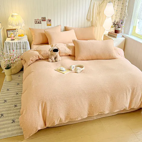 Candy Color Seersucker Quilt Cover Set or Single Duvet Covers Ultra Soft Skin-Friendly Bedding Set Comfortable Solid Duvet Cover