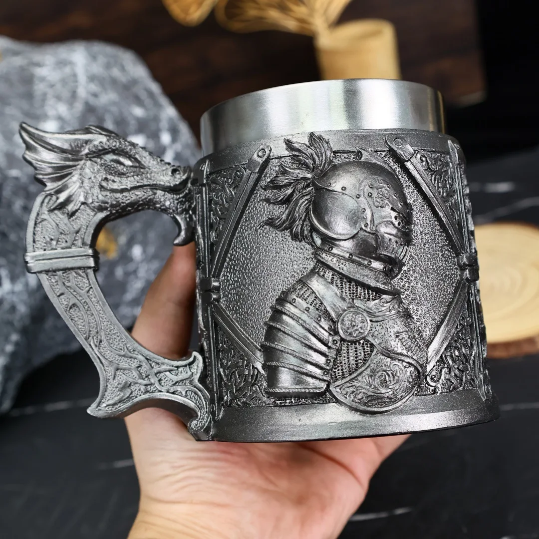 Medieval Viking Beer Mugs Cross Swords Knight Mug Tankard Dragon Resin Stainless Steel Lining Templar Beer Coffee Cup 450ml