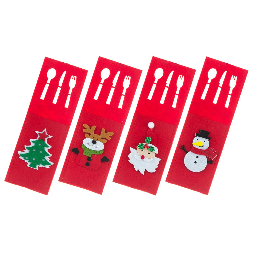 

4pcs Felt Cutlery Covers Christmas Theme Elder Snowman Reindeer Tree Square Design Tableware Bags Practical Compact