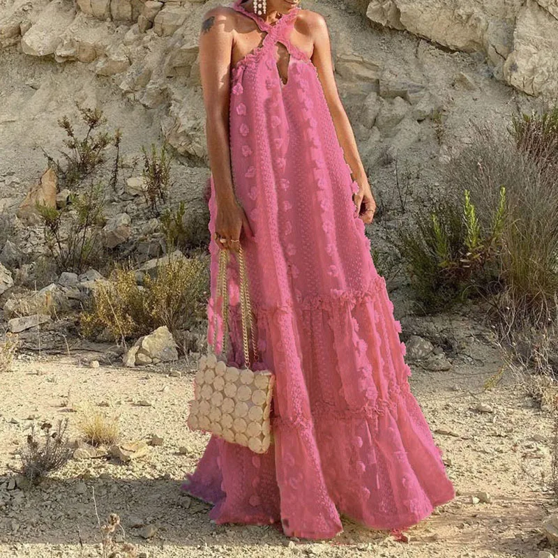 Bohemian Women's Summer Long Dress Sexy Boho Hanging Neck Sleeveless Beach Sundress Vacation Floral Evening Prom Maxi Dresses