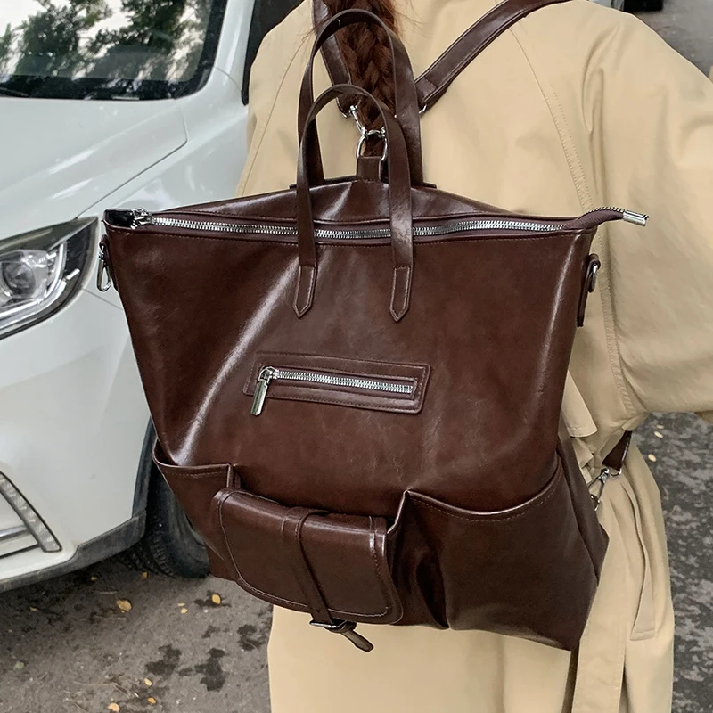 

Autumn Maillard Tote Bags for Woman Hot Girls PU Leather Large Capacity Mochilas Mujer Fashion Ladies Daily Commute Backpacks