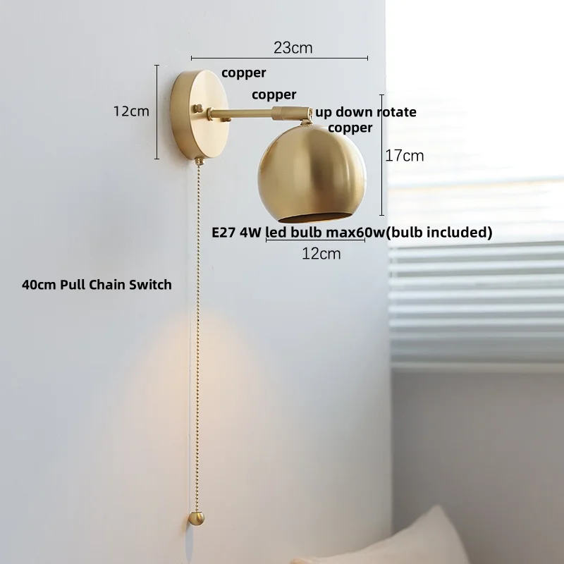 IWHD Copper Lampshade LED Wall Light Fixtures Bedroom Balcony Porch Pull Chain Switch Nordic Modern Up Down Rotate Bedside Lamp