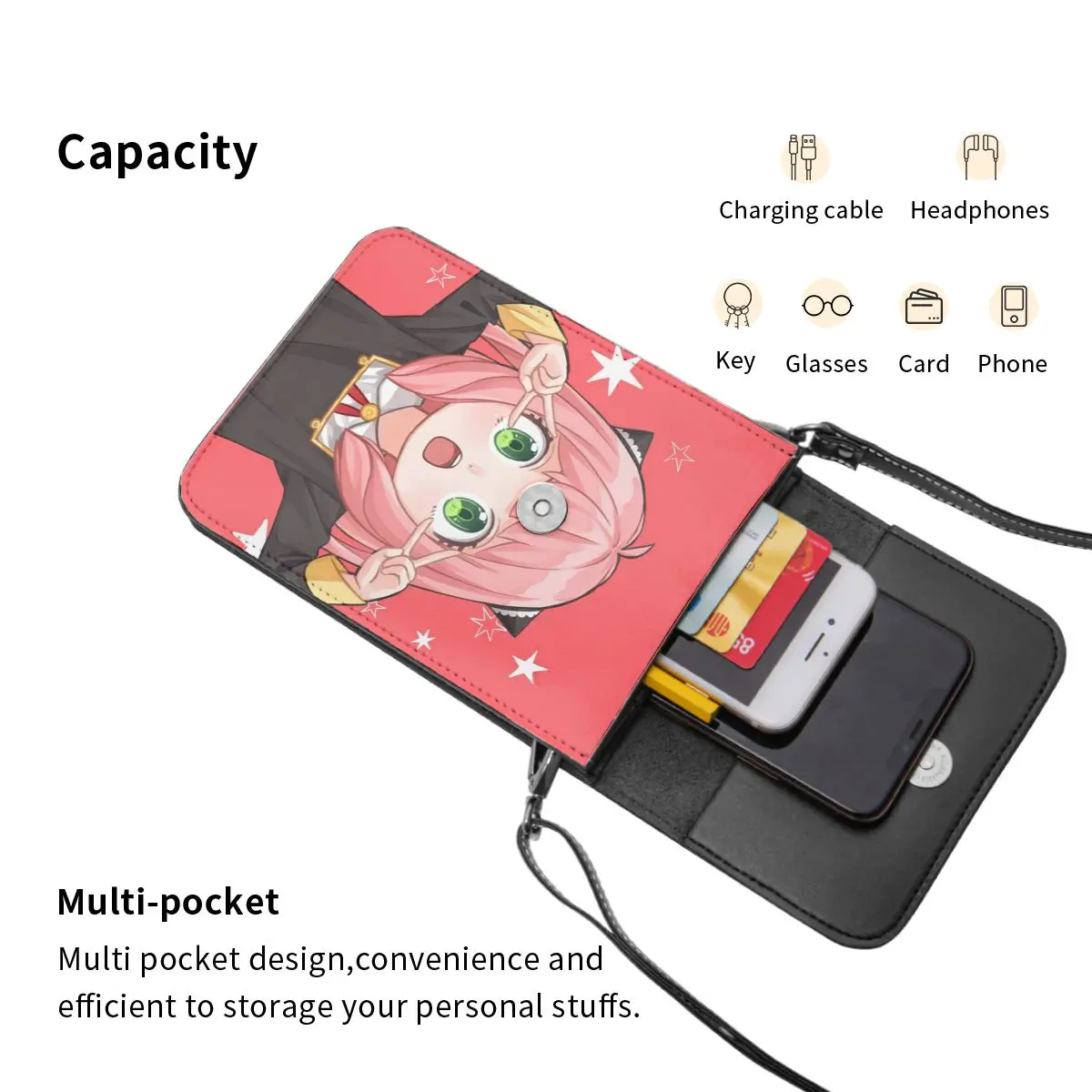 Anime Spy Family Anya Crossbody Wallet Cell Phone Bag Shoulder Bag Cell Phone Purse Adjustable Strap