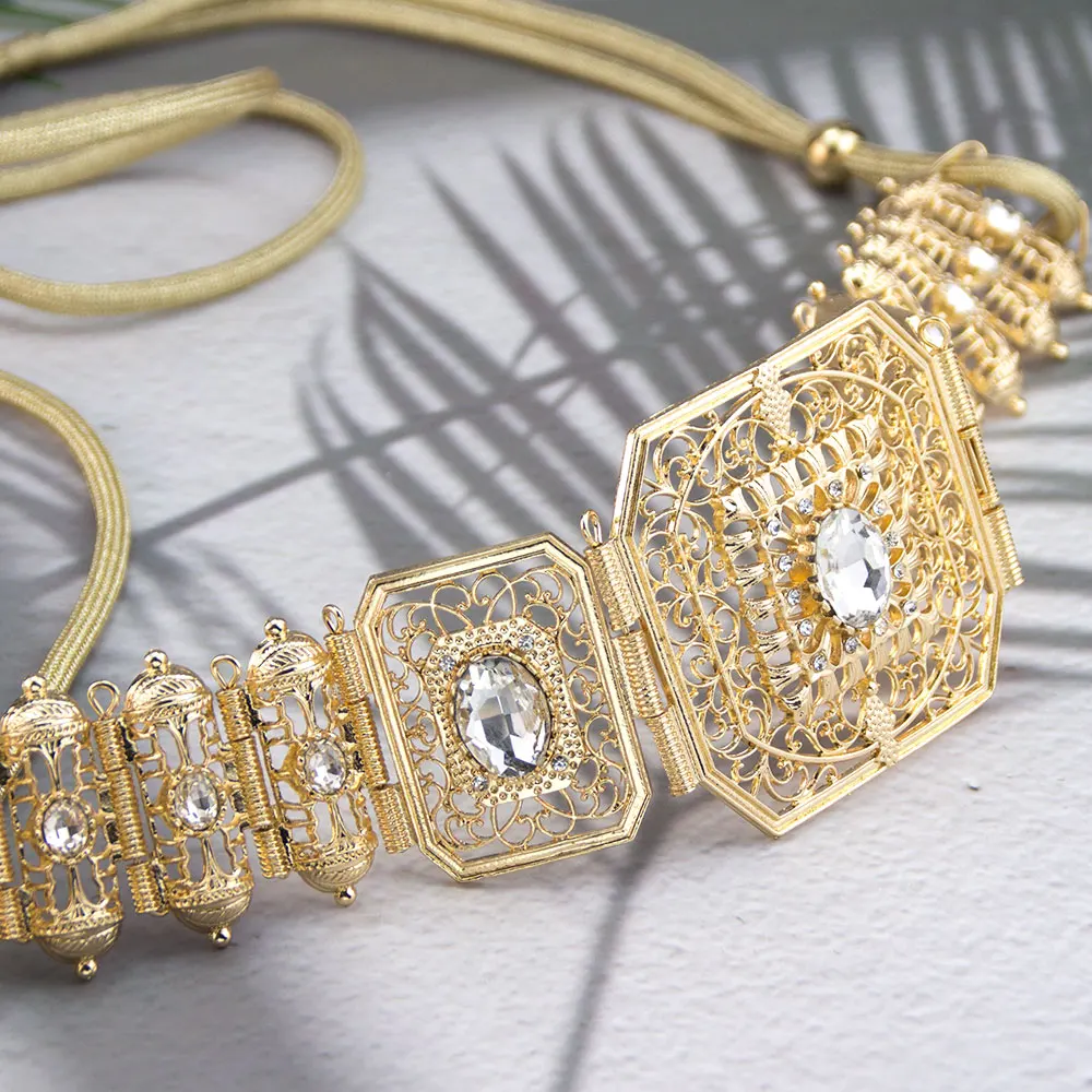 حزام حبل يد ذهبي اللون الجزائر المغرب حزام قفطان للنساء كريستال مجوهرات الزفاف مهرجان عربي بيجو