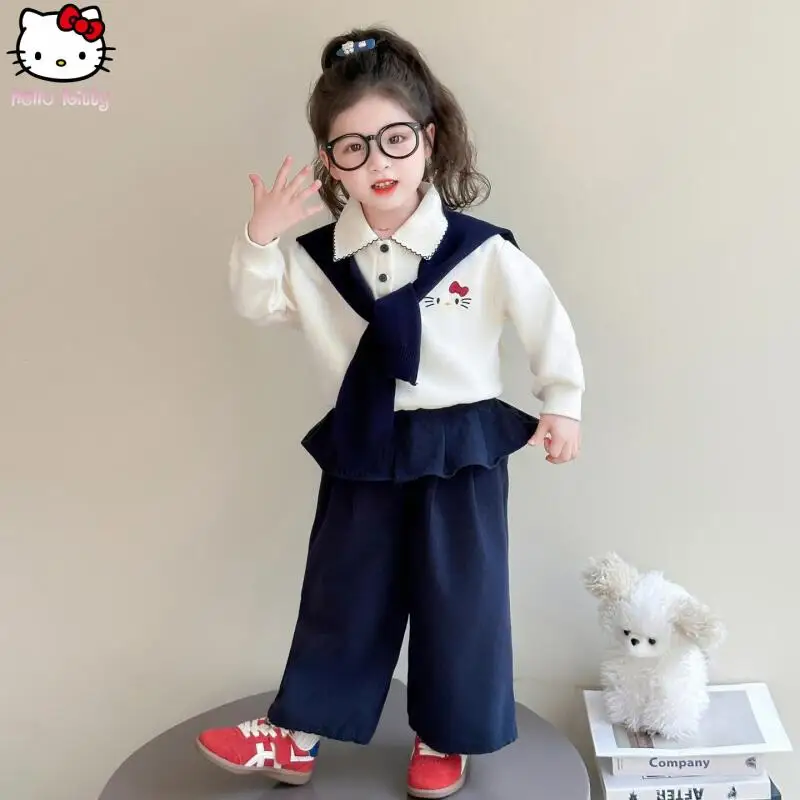 

Girl Hello Kitty Knitted Shawl Sweatshirt Pants Set Anime Cartoon Spring Autumn New Kawaii Wide Leg Pants Sanrio Three Piece Set