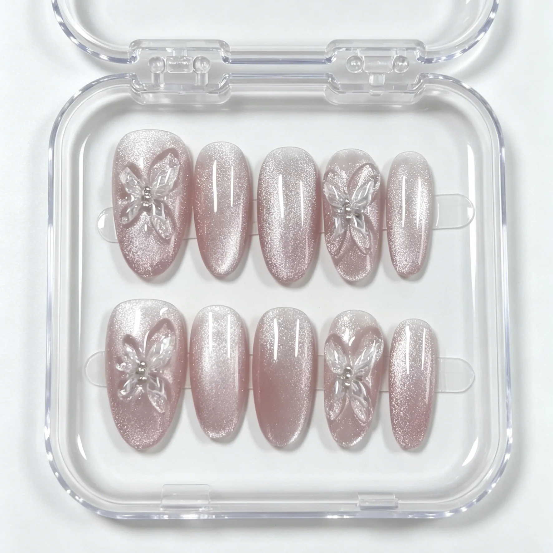 10 Hand Pressed Oval Nails, Beautiful Fake Nails, Pink Purple Cat Eyes 3D Crystal Butterfly Light Luxury, Suitable for Women