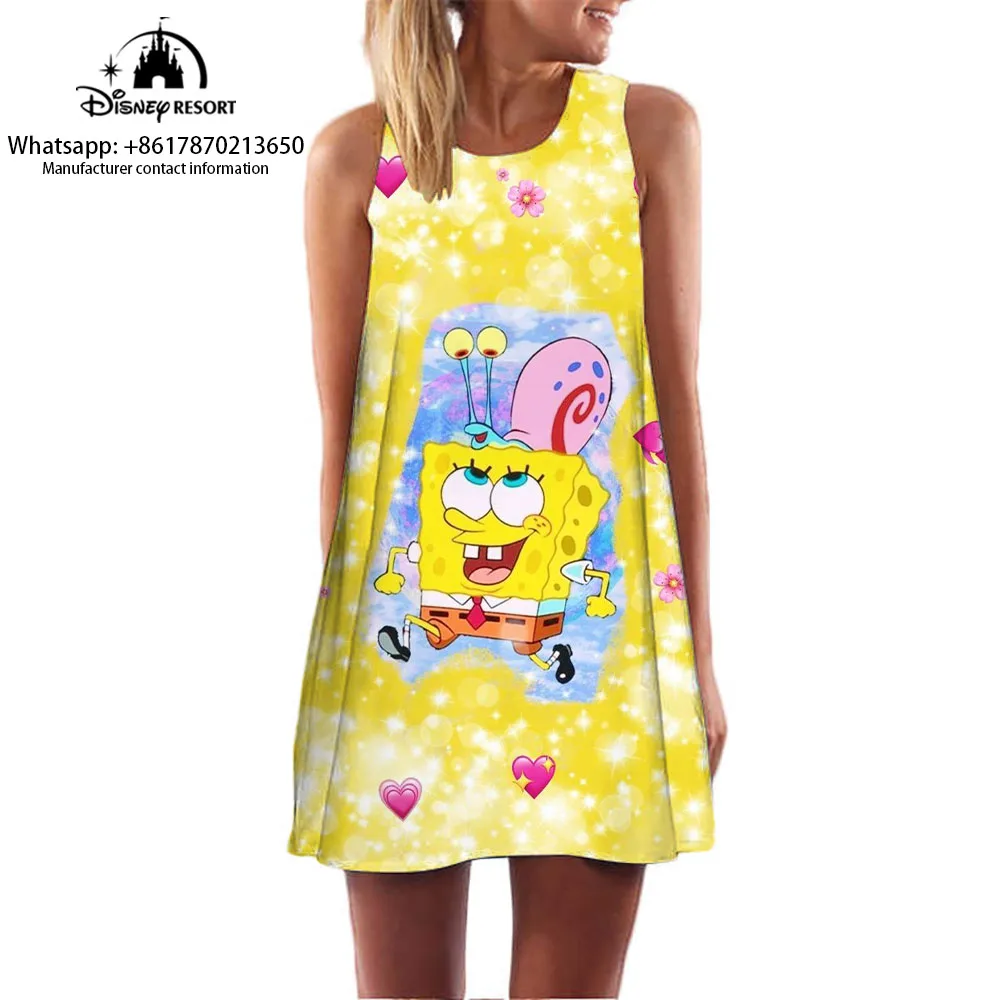 New Women's Summer Dress 2024 New Arrival Cartoon 3D Spongebob Print Women's Pullover Dress Sleeveless